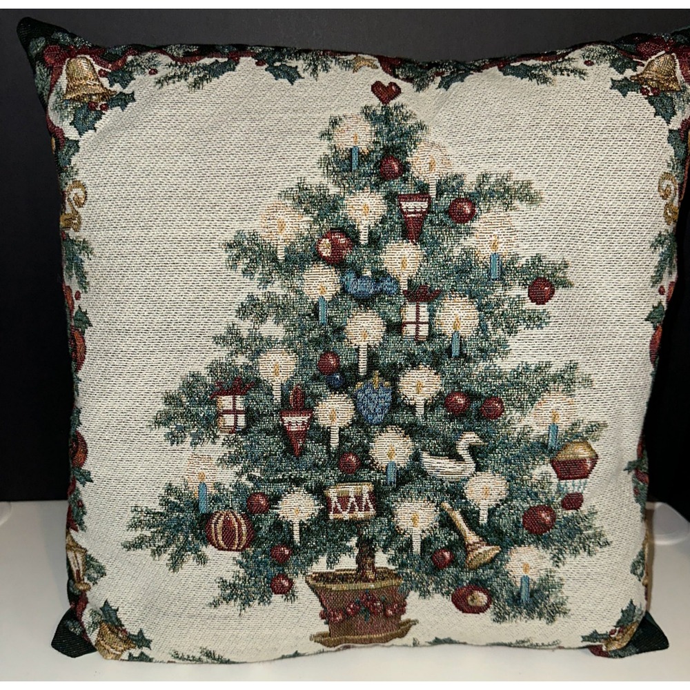 Vintage Christmas Tapestry Throw Pillow Tree Candles Ornaments‎ Holiday Decor